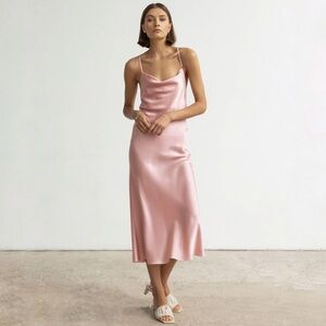 SERENITY PINK BLUSH COWL NECK SILK SATIN MIDI SLIP DRESS XS